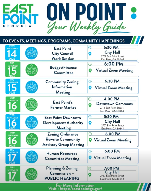 Your East Point Calendar Today: Farmer’s Market, Downtown Development Authority Meeting + Monday’s City Council Work Session Meeting Video
