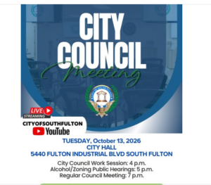 Happening Today: City Of South Fulton Council Meeting Work Session At 4 P.M.; Alcohol/Zoning Hearing 5 P.M.; Regular Council Meeting 7 P.M.